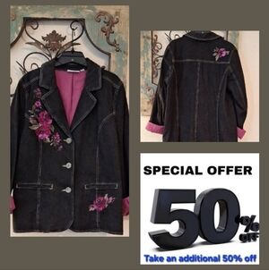 Black Denim Blazer W/Purple  Floral Embroidery. NWOT Size Medium